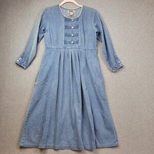 Vintage 80s FADS Womens Size‎ 8 Petite Denim Dress Button Up Lace Pleated Modest